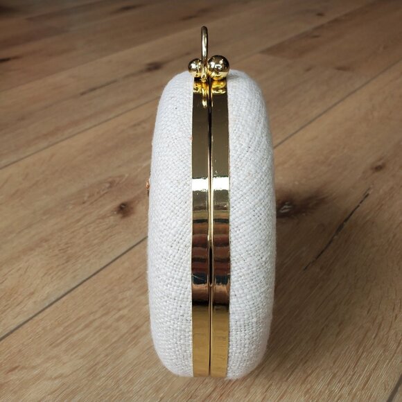 Viral Handcrafted In India Beaded Bag Monogrammed "M" Beige Round Clutch Chain - Picture 3 of 16